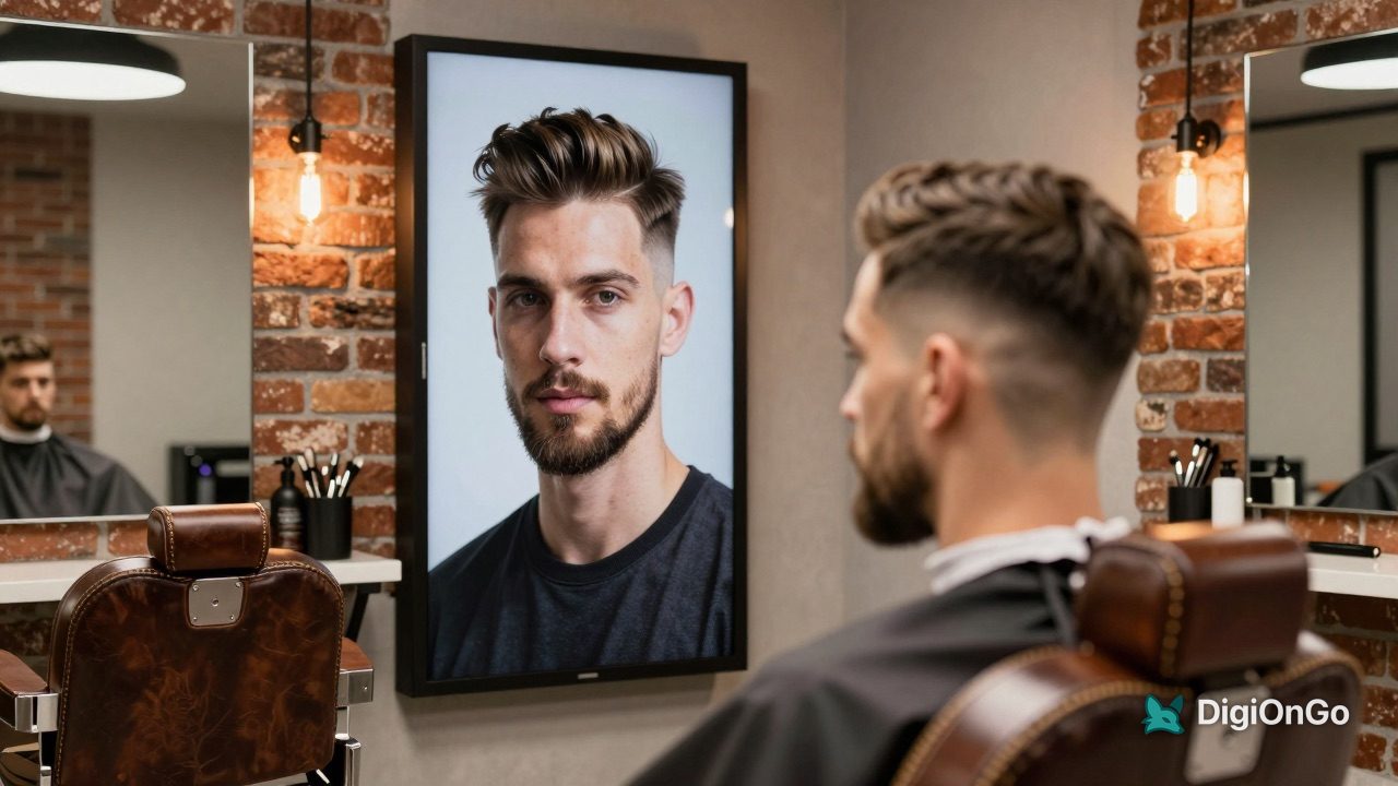 Barbershop interior with a vertical screen showing an AI-generated portrait of a fresh haircut